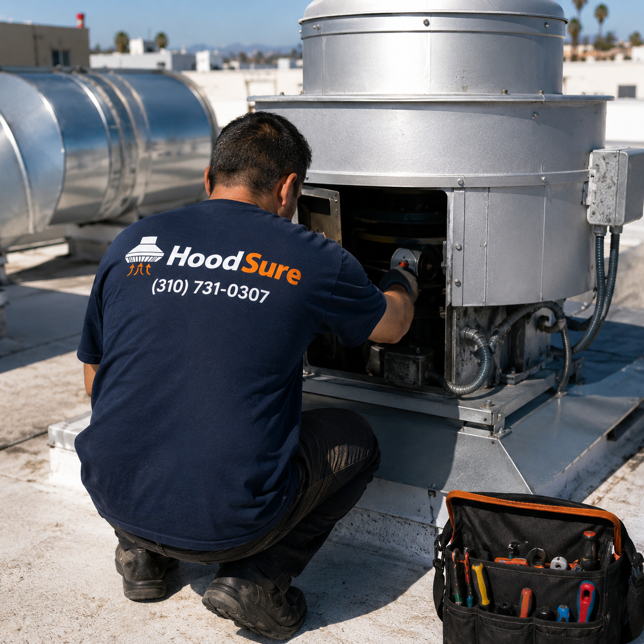 HoodSure technician servicing a rooftop restaurant exhaust fan