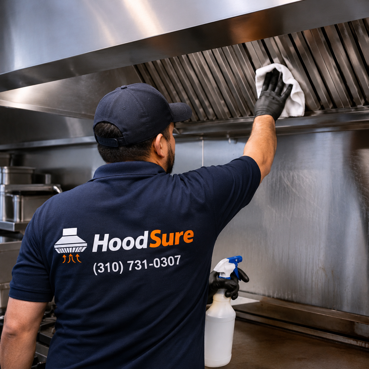 HoodSure technician cleaning commercial hood filters in a restaurant kitchen