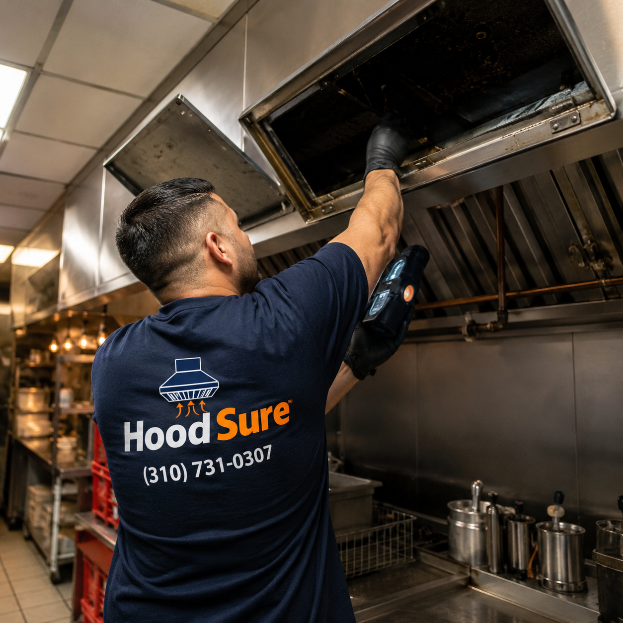 HoodSure technician inspecting the interior of a commercial hood system