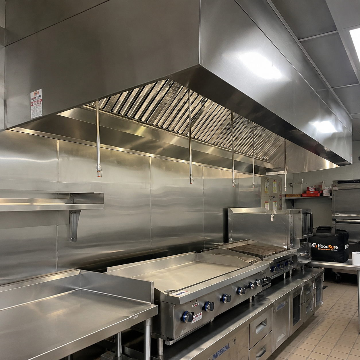 Clean stainless steel commercial hood and cooking line installation